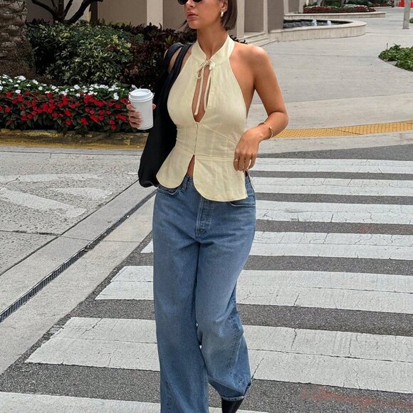 Apricot Sexy Women's Tie Collar Fitted Hollow-Out Halter Neck Tank Top cotton - Picture 5 of 8